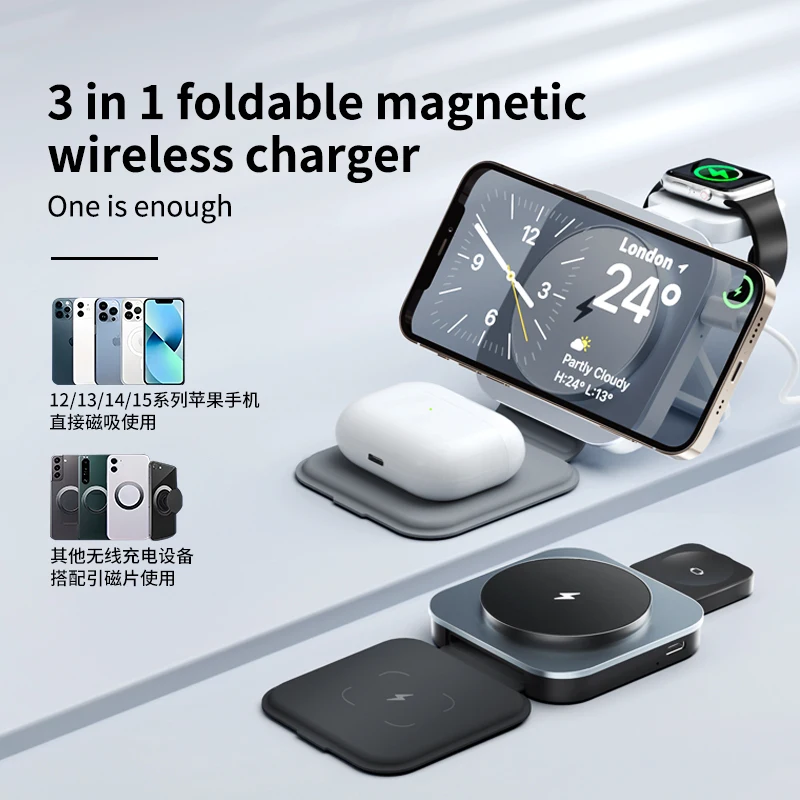 3 In 1 Foldable Magnetic Wireless Charger Stand For iPhone 15 14 13 12 Pro Max IWatch AirPods Pro Station Fast Charging Holder photo 2