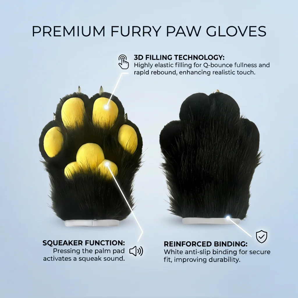Built-in Whistle Fursuit Paw Gloves, Cosplay Furry Claw Gloves Decompression Toys for Adult Costume Halloween Party photo 5