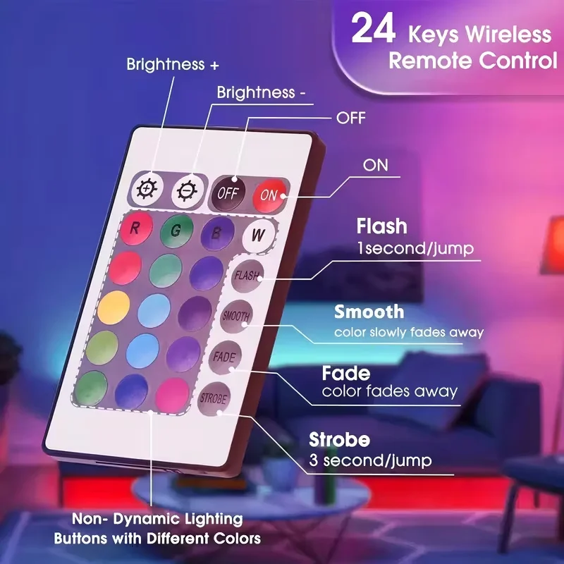 Smart LED Strip Lights with 24-Key Remote Control- Easy Install, Multi-Color Changing, USB Powered RGB Tape for Home Decor photo 3