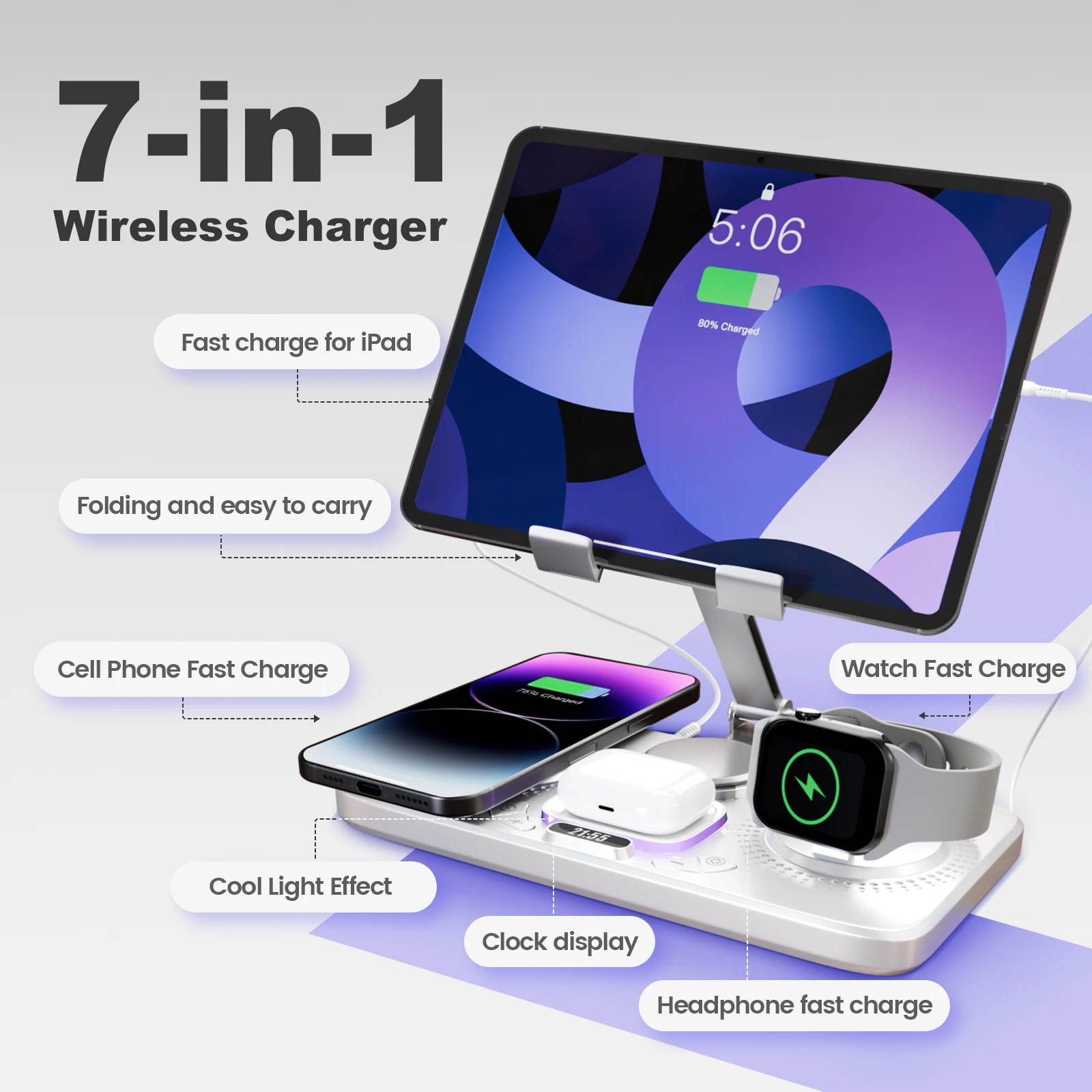 7-in-1 Wireless Charger Stand Pad Magnetic Flexible Type-C 15W Fast Charging for iPhone AirPods Watch iPad Multiple Devices photo 5