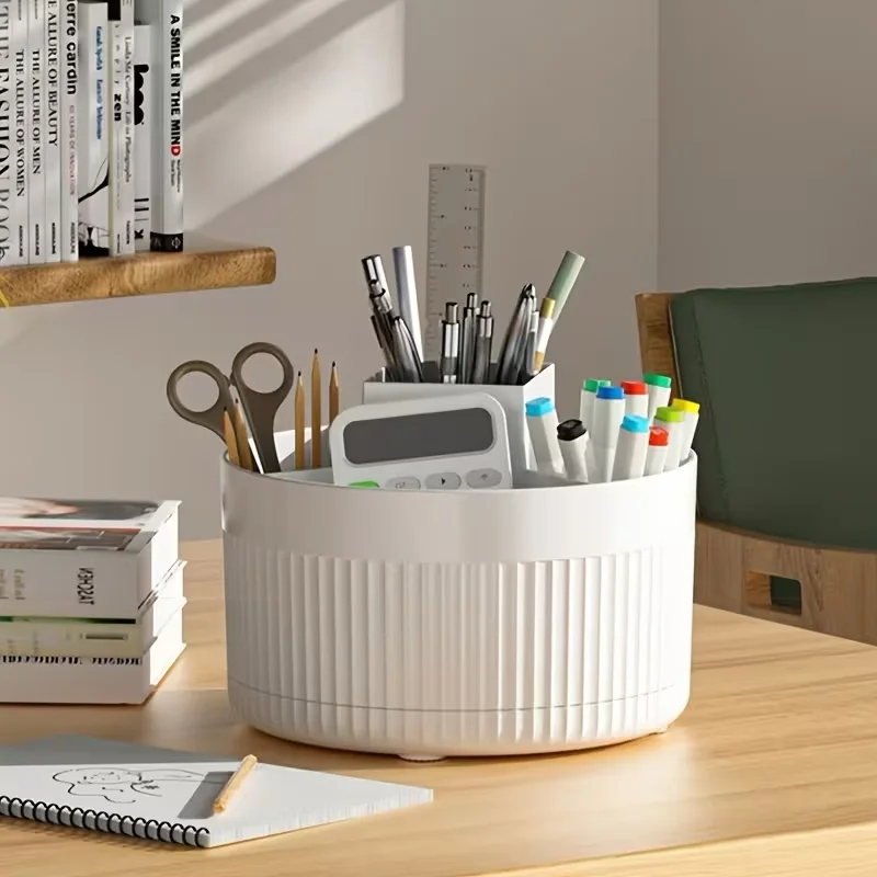 360-Degree Rotating Table And Drawer Organizer, Plastic Office Desktop Storage Box with 5 Compartments - Multifunctional Pencil photo 2