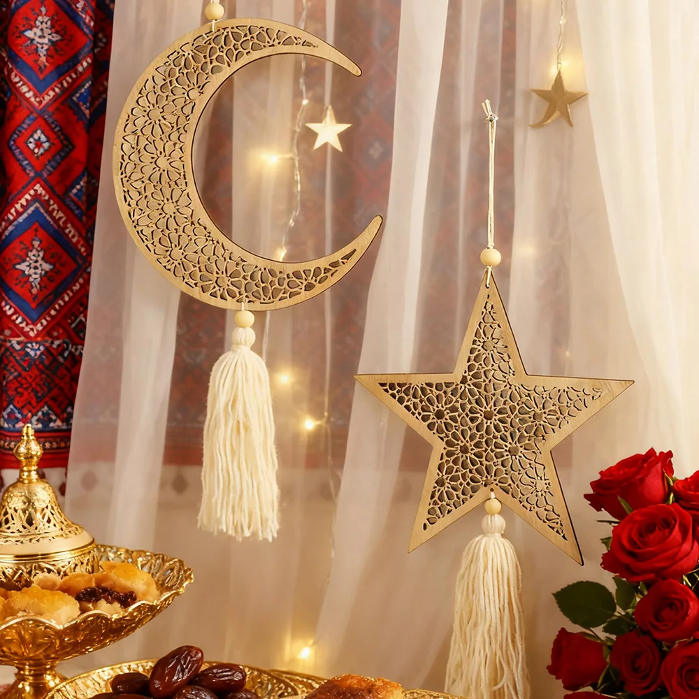 Ramadan Wooden Hanging Ornaments Moon and Star Hollow Mesh Wall Decor Islamic Eid Mubarak Muslim Decor，Ramadan Kareem Gift photo 2