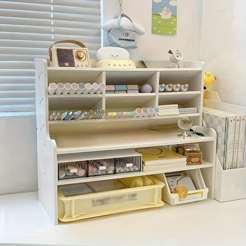 1PC 2-Tier Desk Organizer & Drawer Storage|With Tilt Pen Holder, Raised Bookshelf |Matte White PVC For Stationery, Cosmetics, O photo 5