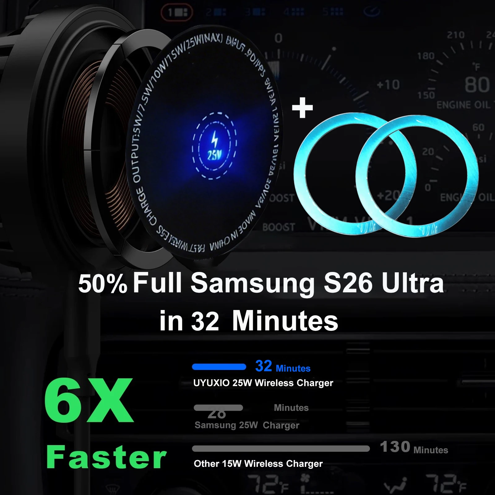 Magnetic Vent Car Wireless Charger 25W 360 Rotating Fast Charge Low Temperature Holder for iPhone 17 16 15 Samsung S26 S25 Ultra photo 2