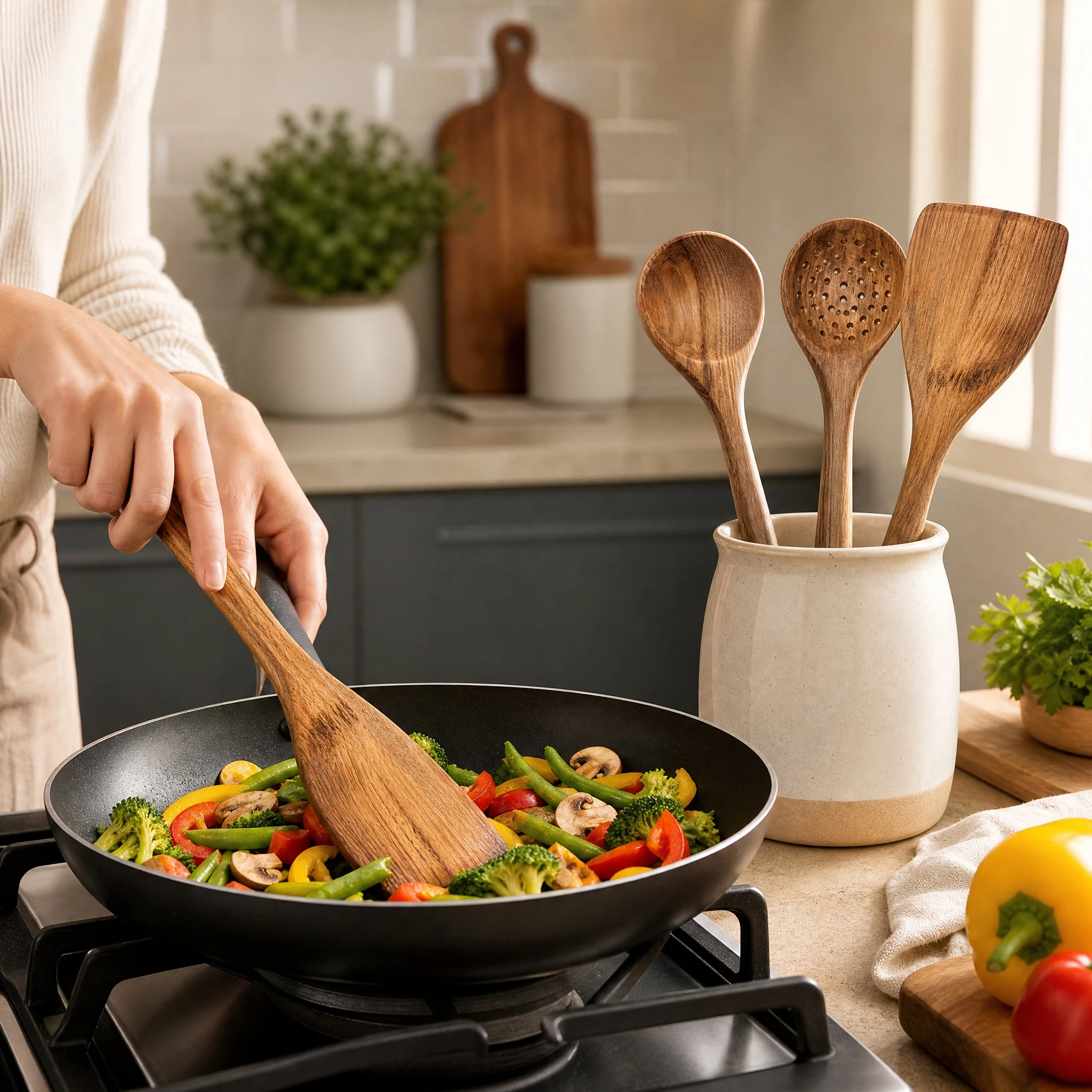 5pcs Wooden Utensil Set with Hanging Holes, Food Grade Spoons and Spatula 24-33.7cm, Non-Toxic Smooth Kitchen Tools for Cooking photo 2
