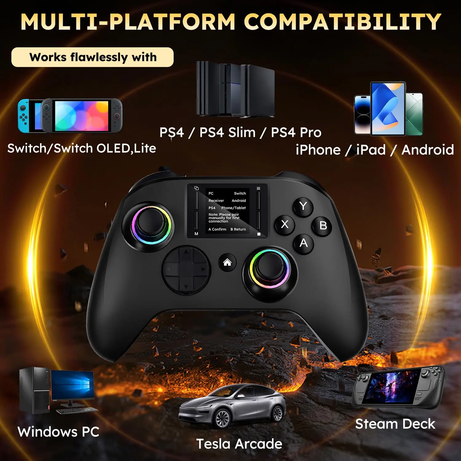Wireless gaming controller with an interactive screen, compatible with PC, PS4, Switch, Android, and iOS devices. Features 4 programmable buttons, rapid-fire functionality, a 6-axis gyroscope, dual vibration feedback, and RGB lighting. photo 4