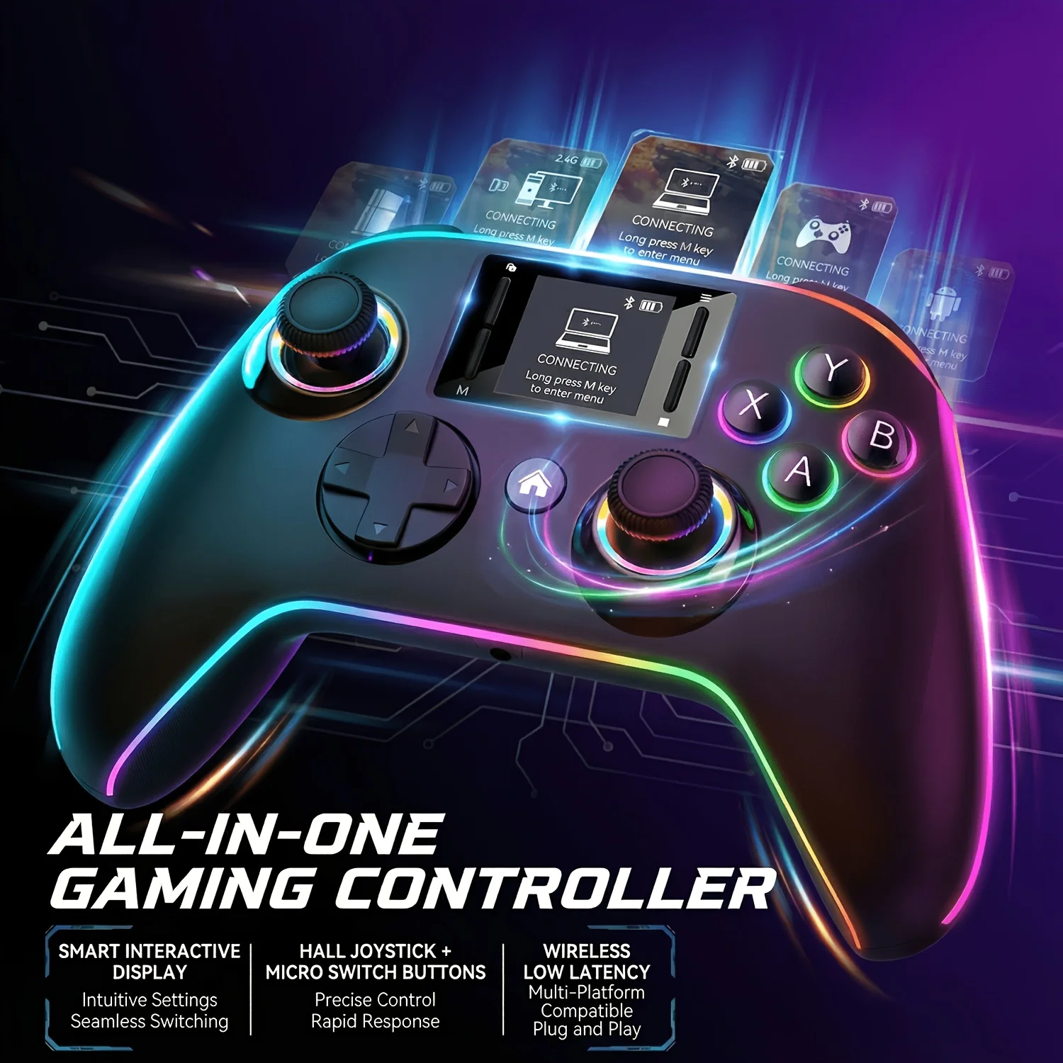 Wireless gaming controller with an interactive screen, compatible with PC, PS4, Switch, Android, and iOS devices. Features 4 programmable buttons, rapid-fire functionality, a 6-axis gyroscope, dual vibration feedback, and RGB lighting. photo 1