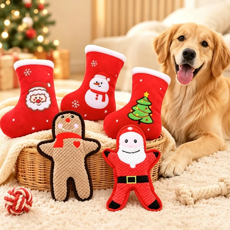 Pet Christmas Stocking Plush Squeaky Dog Chew Toy Xmas Gift Teeth Grinding Interactive Bite Toy for Small Medium Large Dogs photo 2