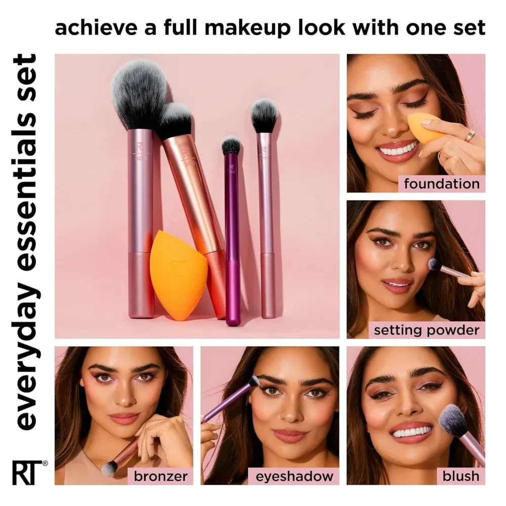 2026 Real Techniques 6 Piece Everyday Essentials Makeup Brush Set Sponges Blush Bronzer Contour Eyeshadow Powder Travel Gift Set photo 2
