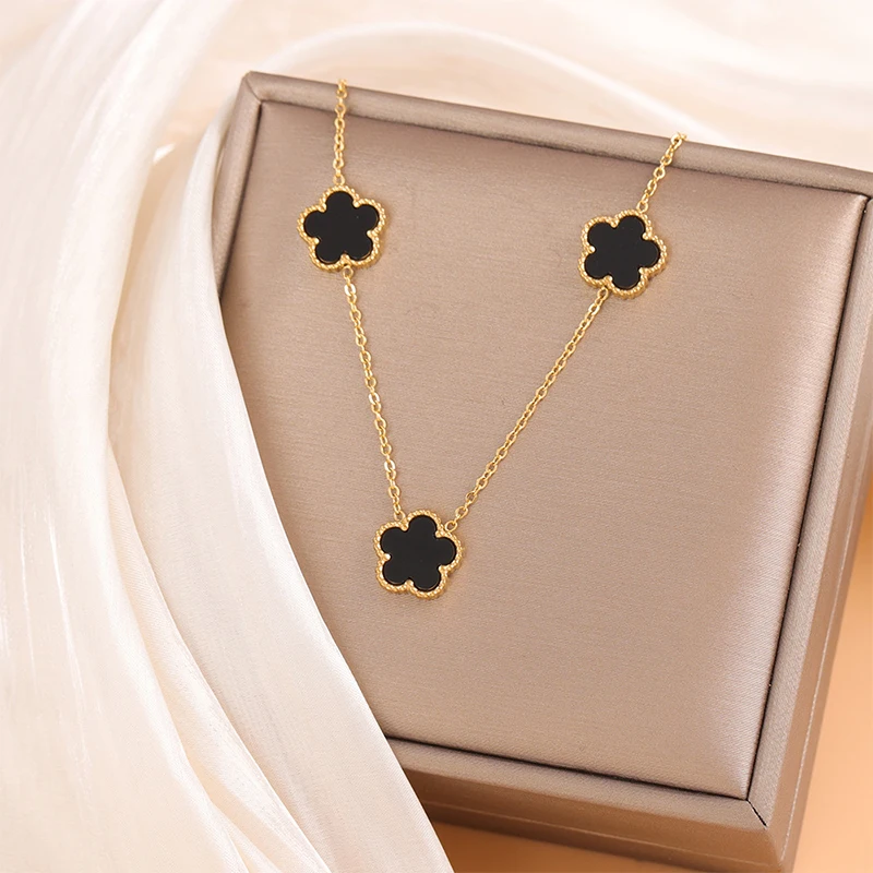 14K Gold Plated Stainless Steel Necklace Woman Five Leaf Petals Double Sided Necklaces for Women Pendant Flower Clover Jewelry photo 4