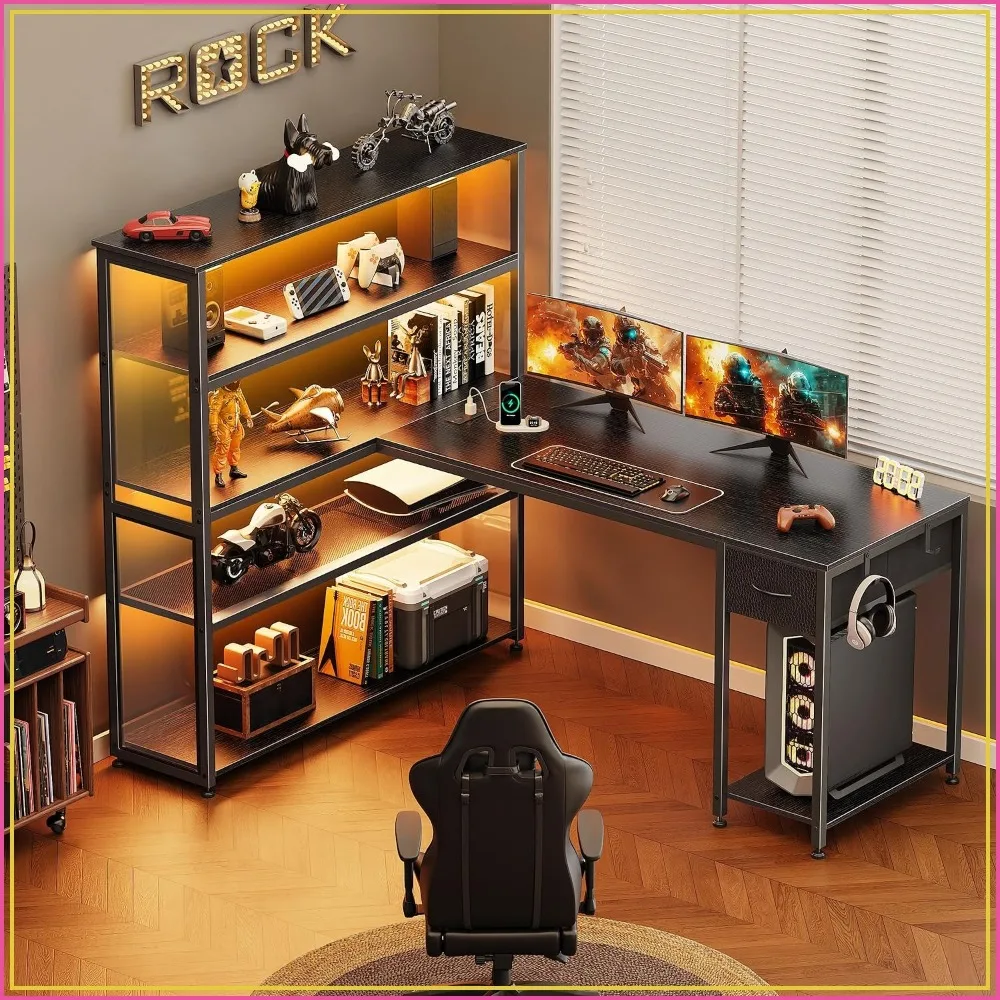 57 Inch L Shaped Gaming Desk with Cabinet, Outlets, LED, Drawer, Shelf, Black photo 1