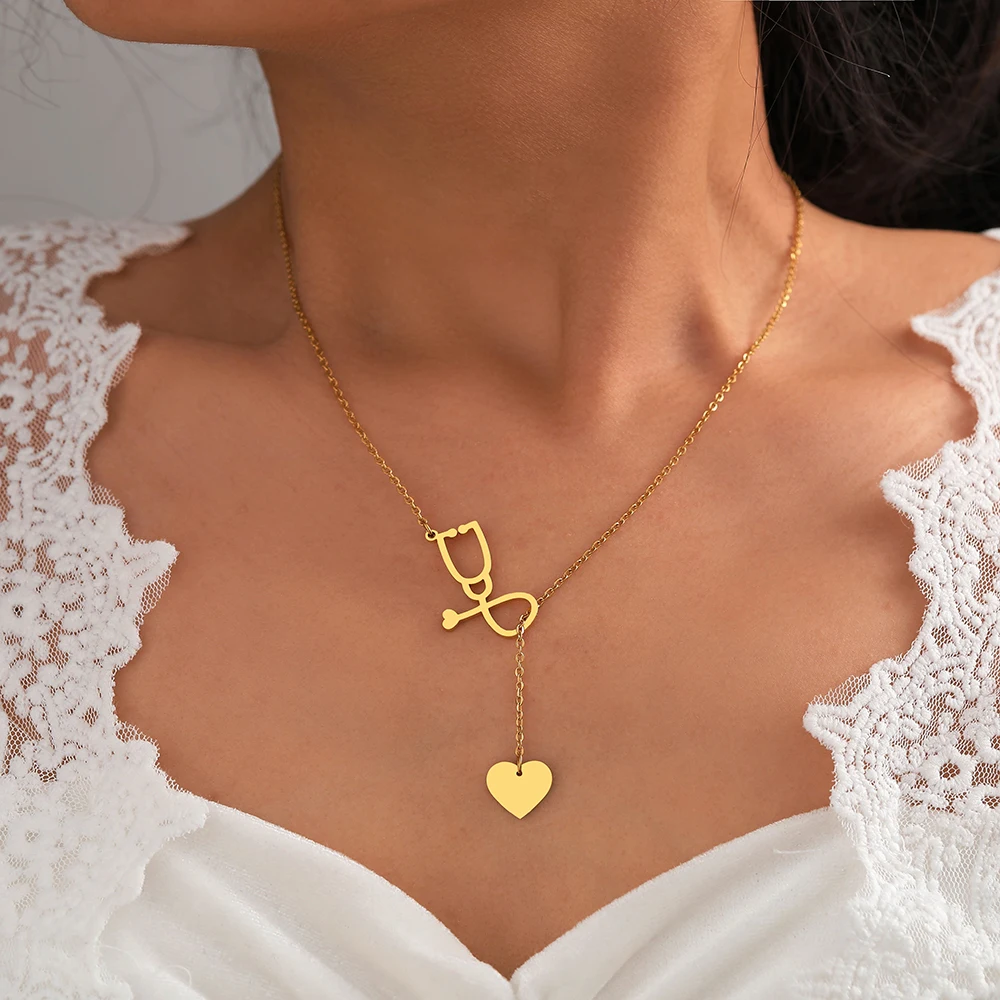 Stainless Steel Necklaces Layered Chain Stethoscope Heart Sweet Pendants Korean Fashion Choker Necklace For Women Jewelry Gifts photo 2