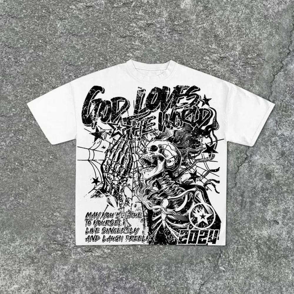Summer men's fashion style skull print comfortable and breathable with round neck T-shirt outdoor warning top photo 6