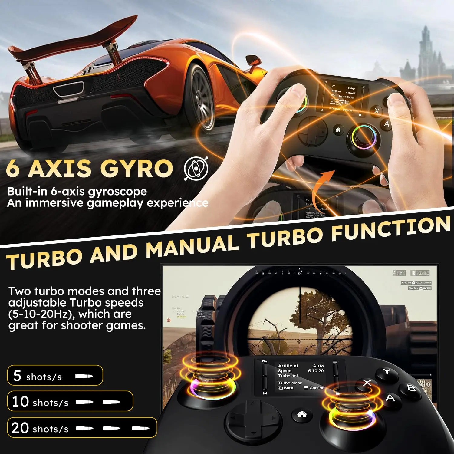 Wireless gaming controller with an interactive screen, compatible with PC, PS4, Switch, Android, and iOS devices. Features 4 programmable buttons, rapid-fire functionality, a 6-axis gyroscope, dual vibration feedback, and RGB lighting. photo 6