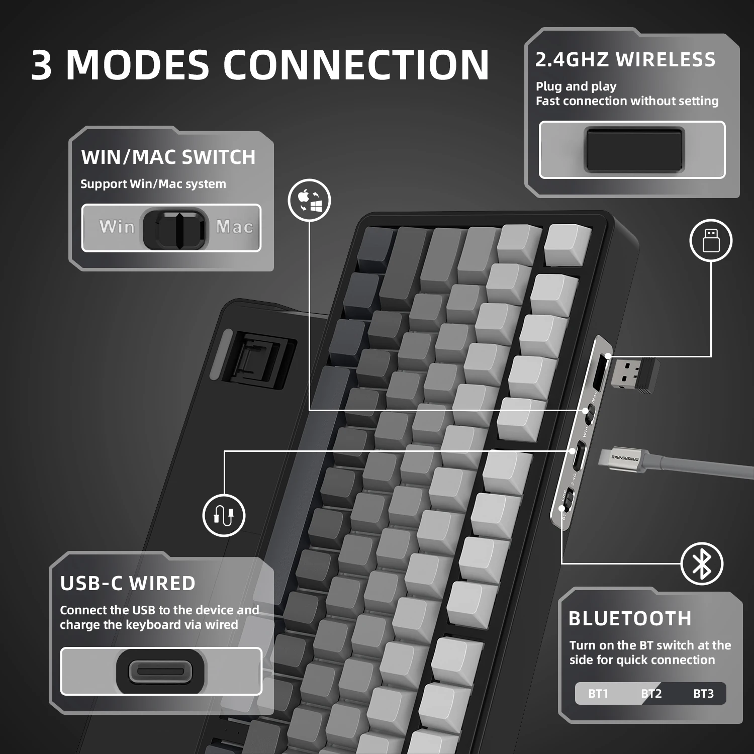 ATTACK SHARK X85 75% Tri‑Mode(Wired/2.4GHz/Bluetooth) Hot Swap Mechanical Keyboard Kit With C01ULTRA RGB Aviator Coiled Cable photo 5