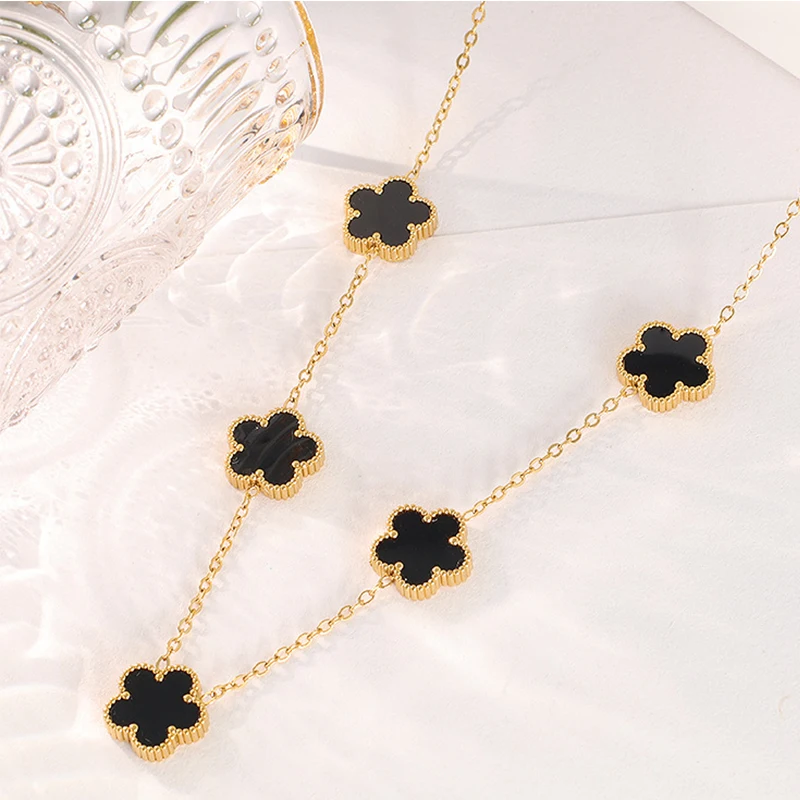 14K Gold Plated Stainless Steel Necklace Woman Five Leaf Petals Double Sided Necklaces for Women Pendant Flower Clover Jewelry photo 5