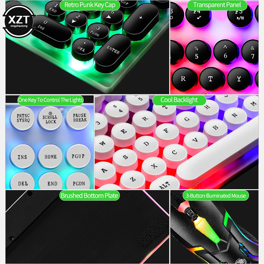 GTX300 Punk Game Keyboard Mouse 104 Retro Round Key Cap RGB Backlit USB Wired Mouse and Keyboard Gamer Kit for PC Laptop Desktop photo 3