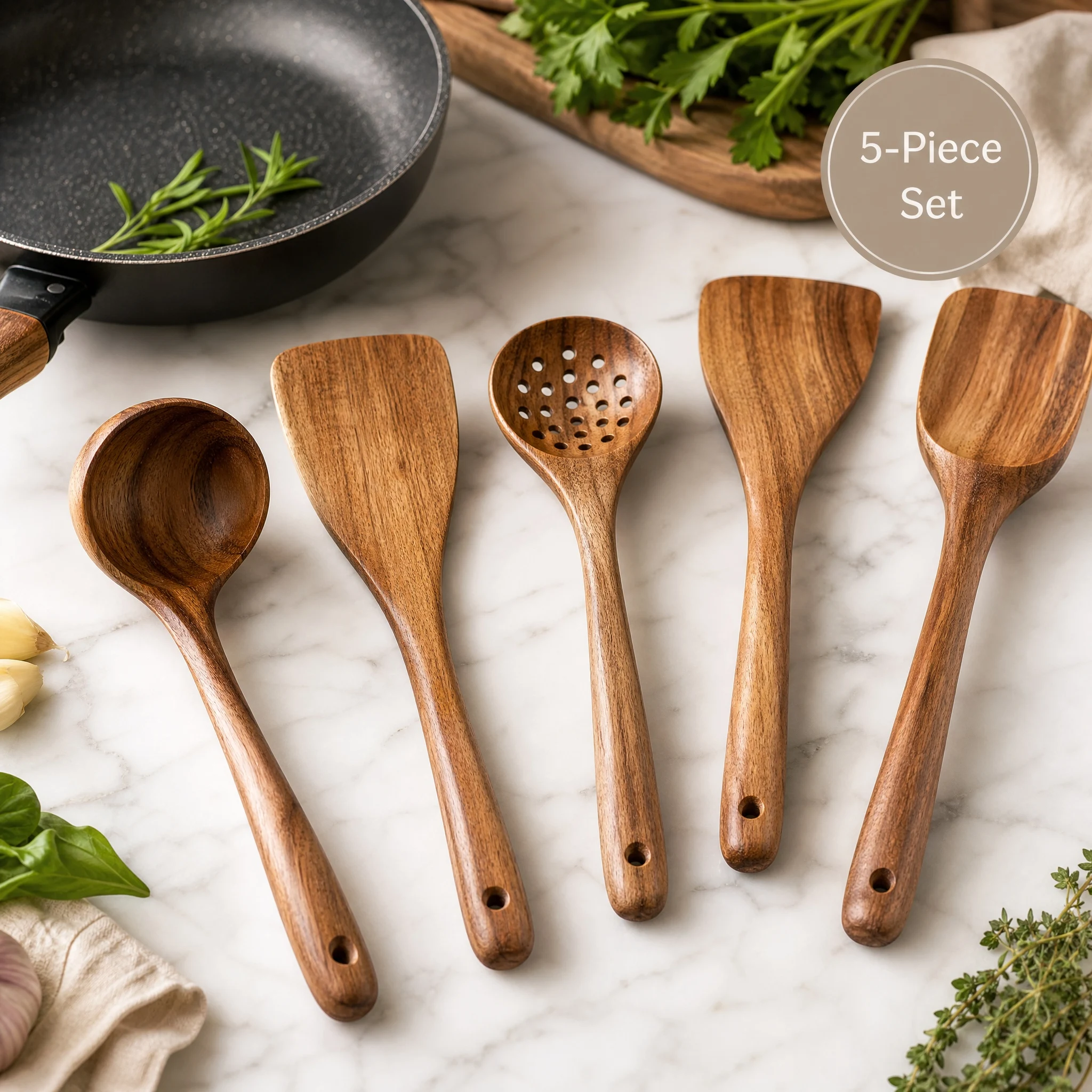 5pcs Wooden Utensil Set with Hanging Holes, Food Grade Spoons and Spatula 24-33.7cm, Non-Toxic Smooth Kitchen Tools for Cooking photo 4