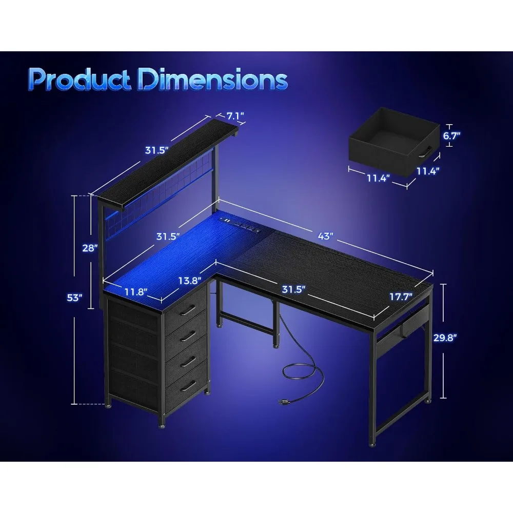 43" L Shaped Gaming Desk with Shelf & 4 Drawers, Black Computer Desk for Home Office photo 2