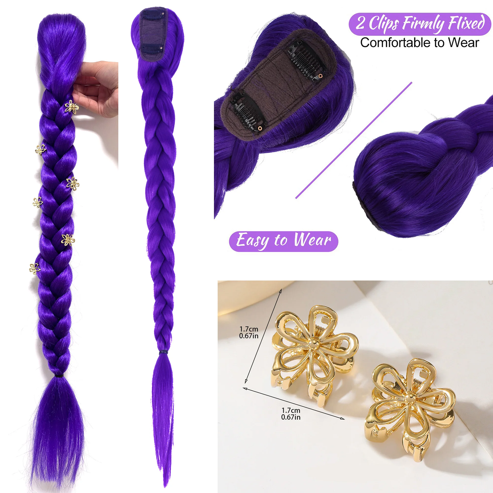 Purple 26inch Braid Clip in Ponytail Hair Extension Long Ponytail Hairpieces Cosplay for Kids Girl Halloween Christmas photo 4