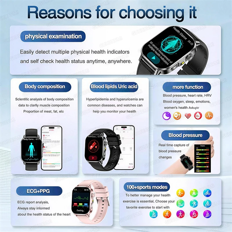 New Men Accurate Health Diagnosis ECG Smart Watch Blood Pressure Blood Oxygen Blood Fat Uric Acid Temp Bluetooth call Smartwatch photo 2