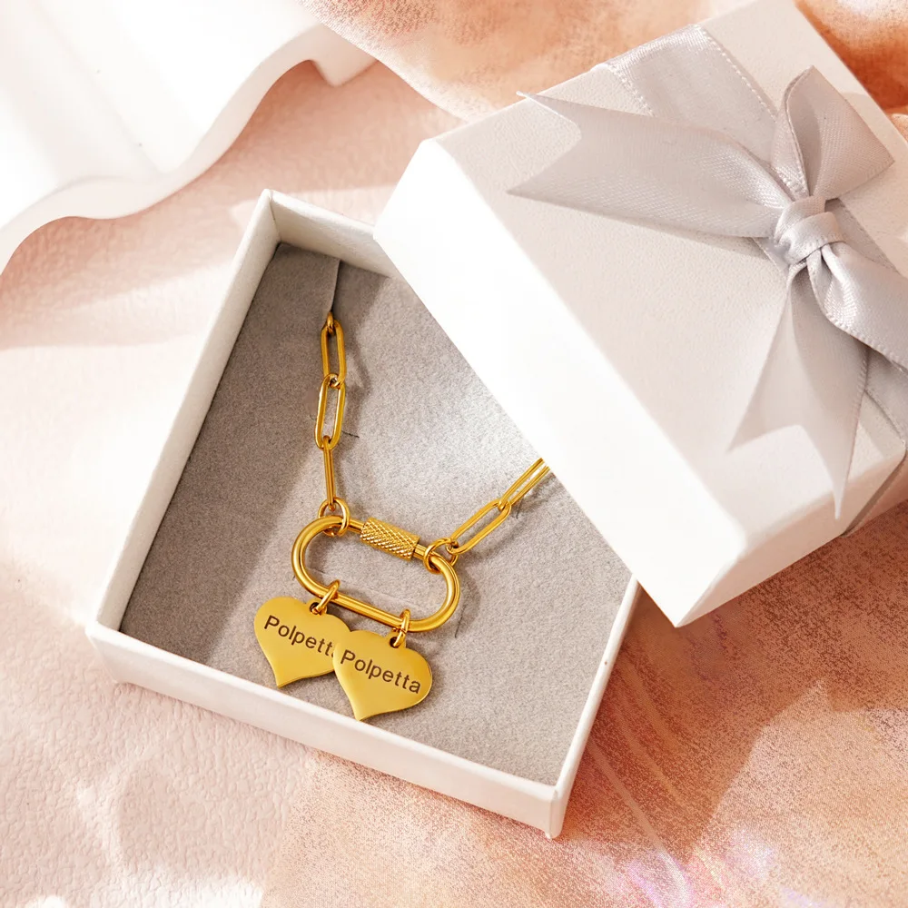 Lateefah Waterproof Tarnish Free Stainless Steel Custom Name Heart Carabiner Necklace Paperclip Chain Jewelry Gift necklace photo 5