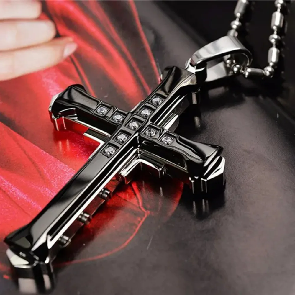 2024 New Male Crystal Cross Jesus Pendant Gold/Black/Blue Color Zirconia Cross Pendant Necklace Stainless Steel Jewelry photo 1