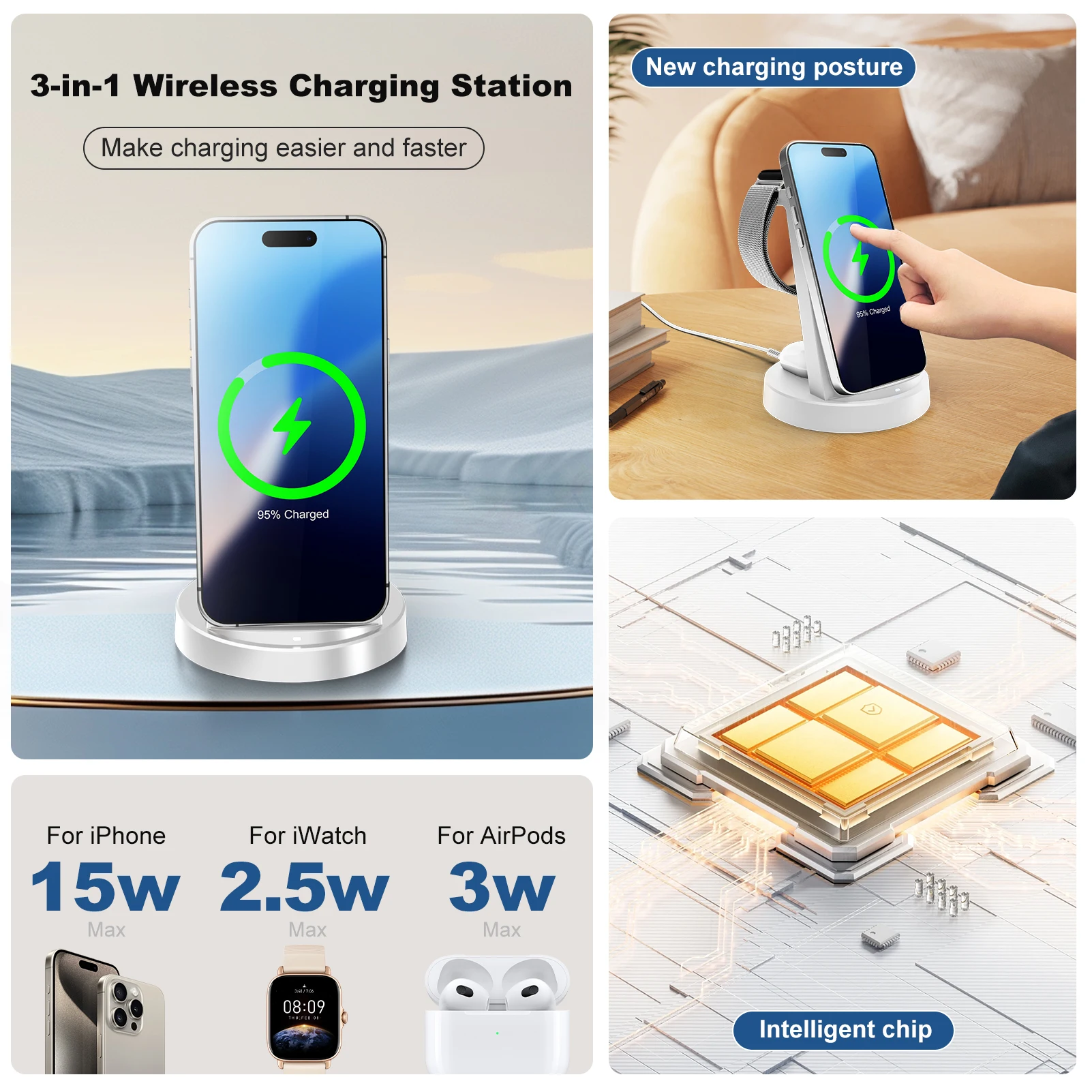 3 In 1 Magnetic Wireless Charger Stand 15W Fast Charging Dock Station Phone Holder For iPhone 17 16 15 14 Airpod Watch photo 5