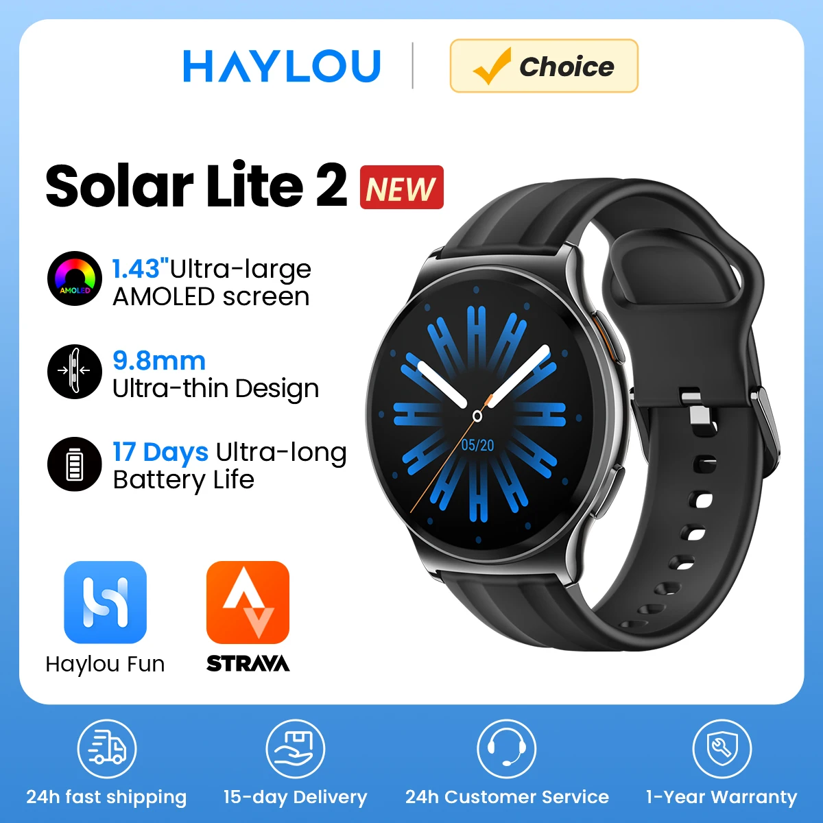 HAYLOU Solar Lite 2 Smartwatch 1.43'' AMOLED Display 24h Health Monitoring 150+ Sports Modes Voice Calling Smart Watch 1ATM photo 1