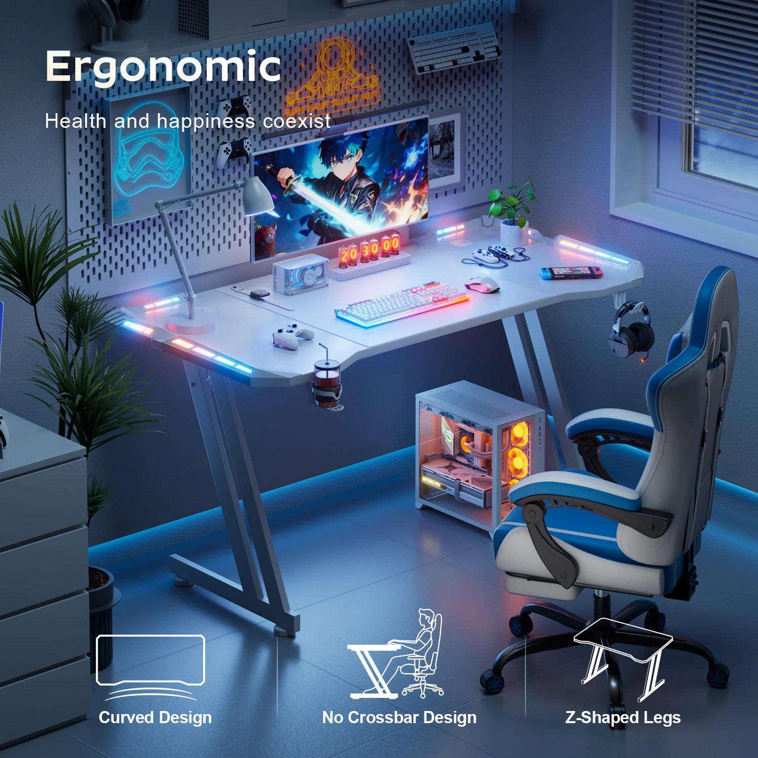 47/55/63inch Gaming Desk, Carbon Fibre Gaming Table with LED Lights, Z Shaped Ergonomic Desk with Cup Holder & Headphone Hook, White photo 5