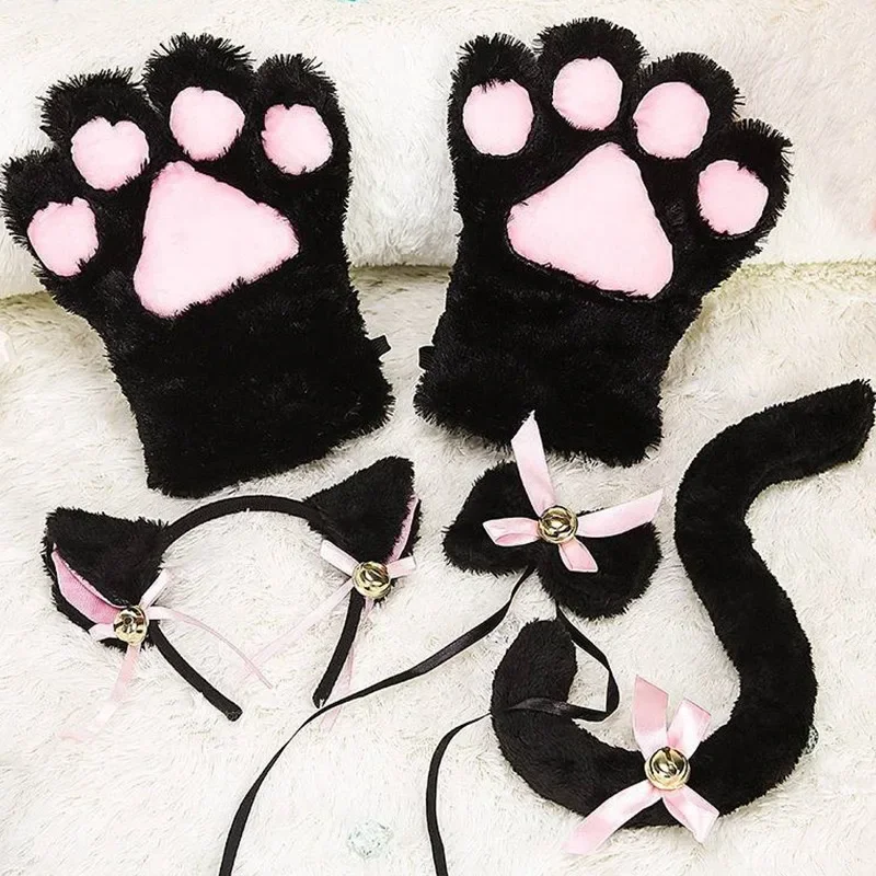 Cat Ear Bow Headband Necklace Cat Claw Gloves Cosplay Plush Bell Hairband Women Girl Masquerade Party Headwear Hair Accessories photo 1