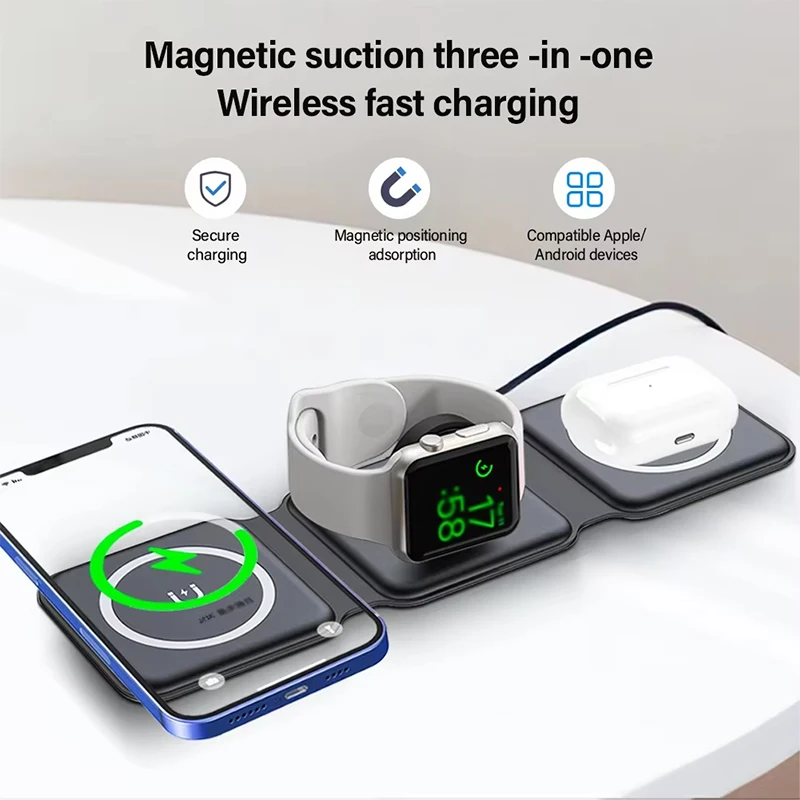 Qi2 15w 3 in 1 Universal Travel Folding Magnetic Wireless Charger for iPhone AirPods IWatch Samsung Phone Xiaomi OPPO photo 4