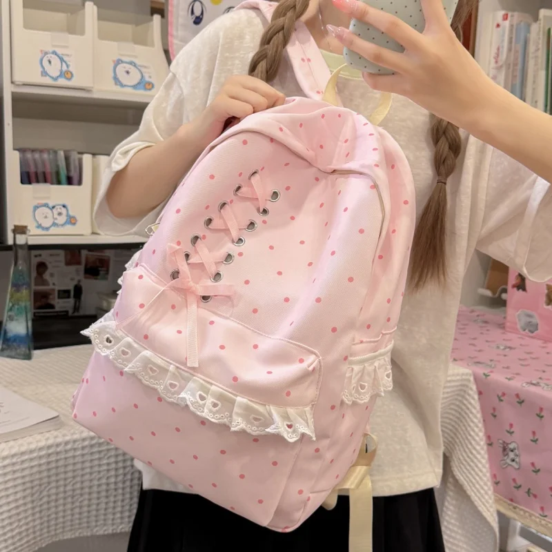 Preppy Polka Dot Backpack for Teen Girls Lace Bowknot Nylon School Bag Aesthetic College Student Bookbag Fits iPad Laptop photo 5