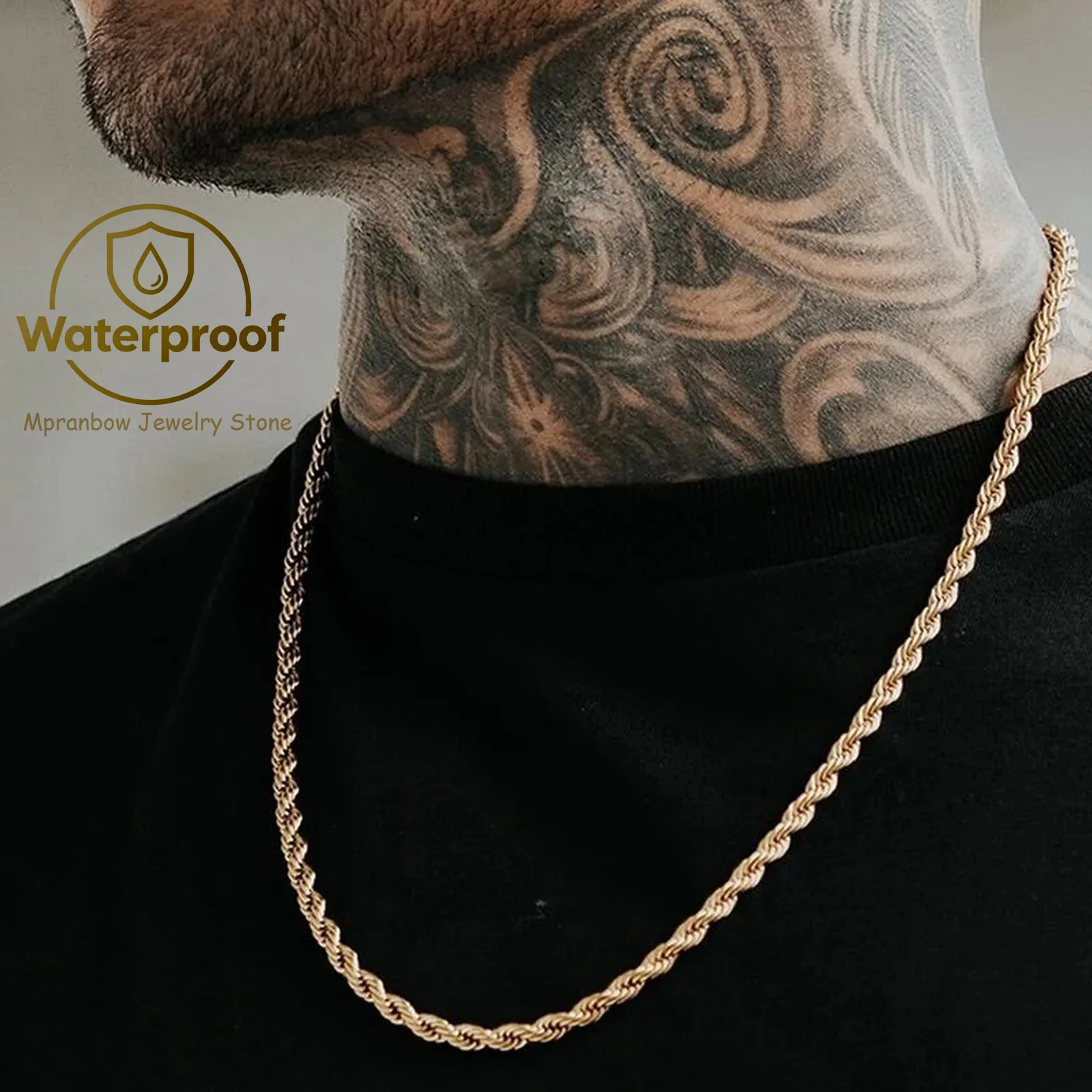 Punk Vintage Rope Chain Necklace for Men Women,Gold Color Stainless Steel Braided Twisted Chain,Hip Hop Casual Jewelry photo 2