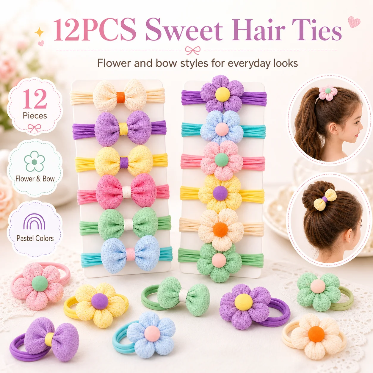 12PCS New Cut Hair Ties Princess Sweet Flower Bow Girls Women Elastic Hair Bands Hair Accessories Headwear Scrunchies 2030 photo 1