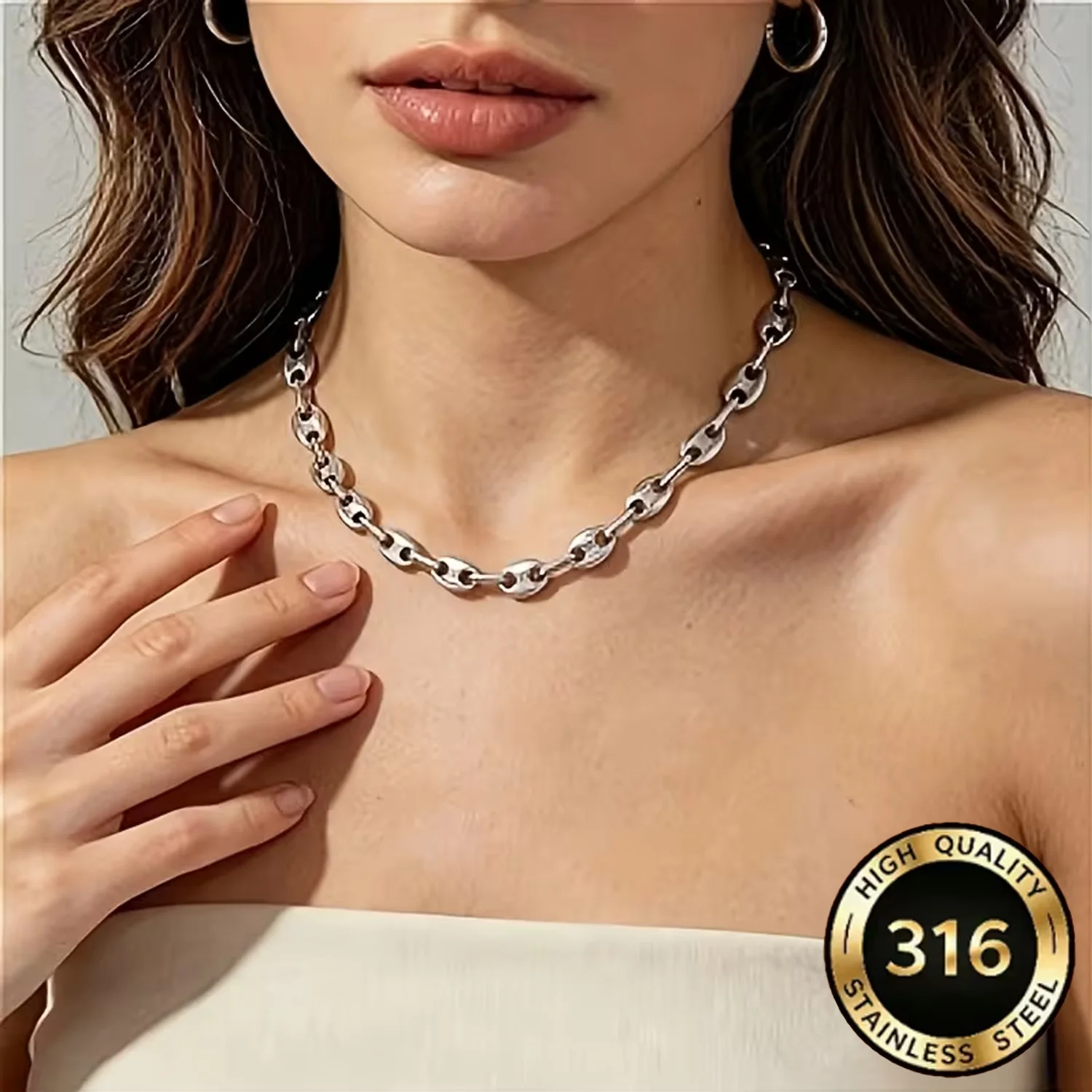 Trendy Simple Pig Nose Chain Coffee Bean Chain Men's and Women's Unique Necklace Stainless Steel Everyday Accessory photo 3