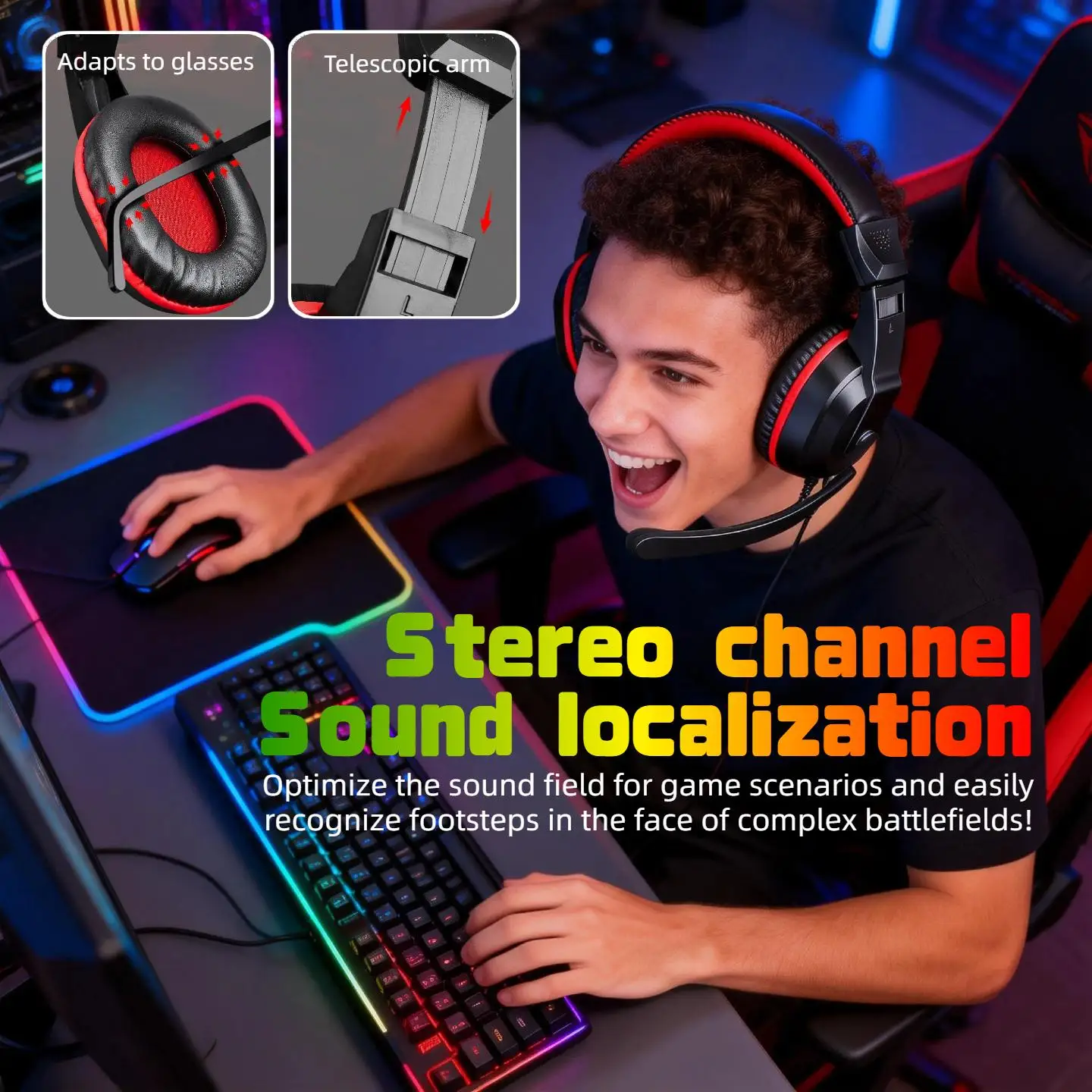 RGB Wired Gaming Headset with Microphone, USB & 3.5mm Over‑Ear Headphones for PC Laptop PS4 PS5 Mobile, Adjustable Noise‑Cancelling Mic, Surround Stereo Sound, Comfortable Headset for Gaming, Office, Study & Daily Use photo 6