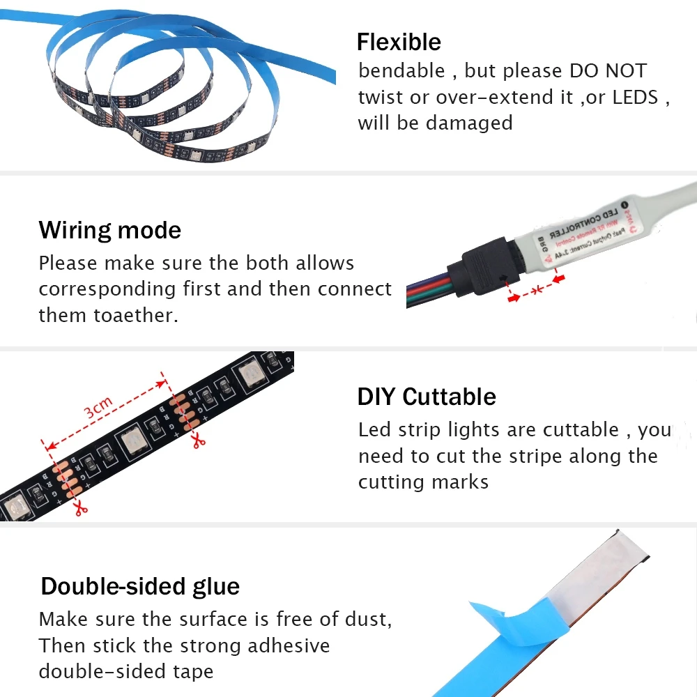 DC 5V 5050 RGB Strip LED Light Battery Powed IP21/IP65 Ribbon Tape Stable Led Strips Indoor Outdoor 3/24/44key Control Remote photo 5