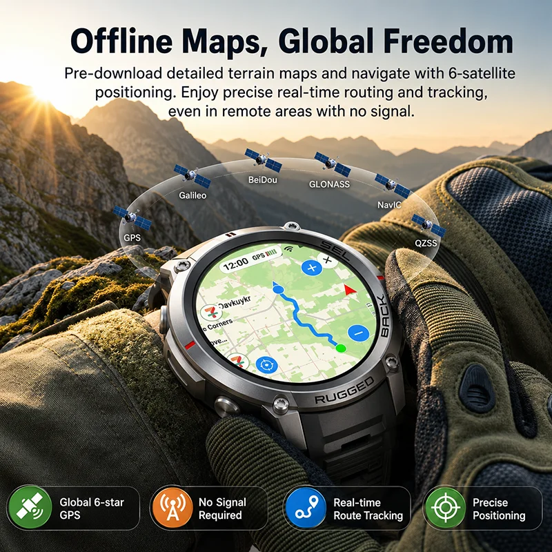 2026 Military Satellite Offline Map GPS Smart Watch Men 1.43''AMOLED Bluetooth Call Compass 5ATM Waterproof 170+Sport Smartwatch photo 2