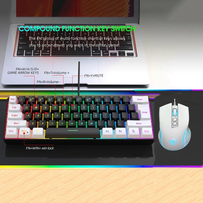 Keyboard and mouse 60%RGB gaming pc usb combo backlit keyboards kit mini gamer wired key board and mouse set computer whiteblack photo 1
