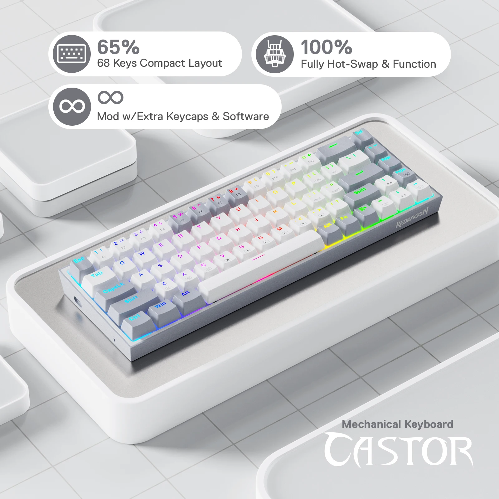 Redragon K631 Gery 65% Wired RGB Gaming Keyboard, 68 Keys Hot-Swappable Compact Mechanical Keyboard photo 6