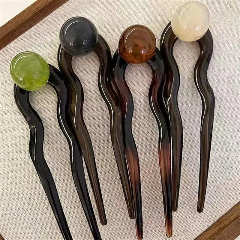 Fashion Colored Pearl U-Shaped Hair Sticks Hairpin Hair Fork Bun Sweet Trendy Acrylic Hair Clip for Women Girls Hair Accessories photo 3
