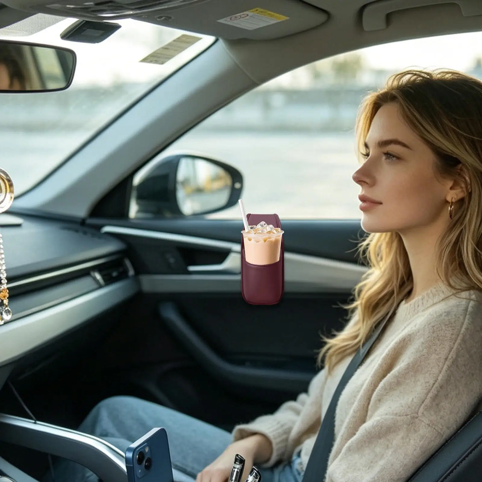 PU Car Door Cup Holder Multifunctional Adhesive Storage Pocket Auto Door Mount Drink Bottle Holder Phone Sundries Storage Bag photo 3