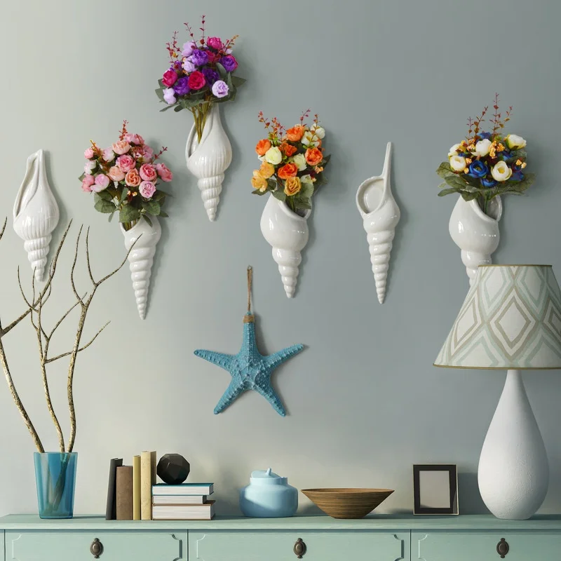 1Pc Amagogo Modern White Ceramic Sea Shell Conch Flower Vase Wall Hanging Home Decor photo 6