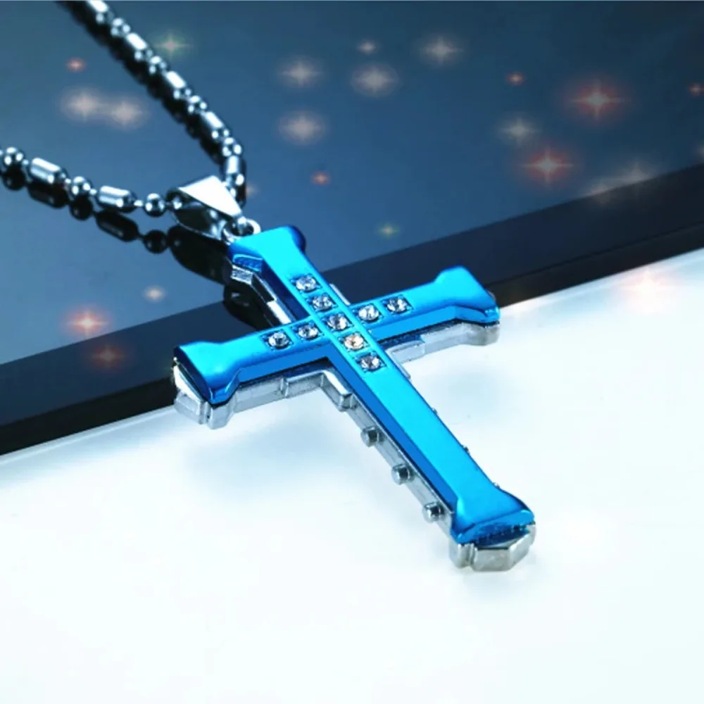 2024 New Male Crystal Cross Jesus Pendant Gold/Black/Blue Color Zirconia Cross Pendant Necklace Stainless Steel Jewelry photo 6
