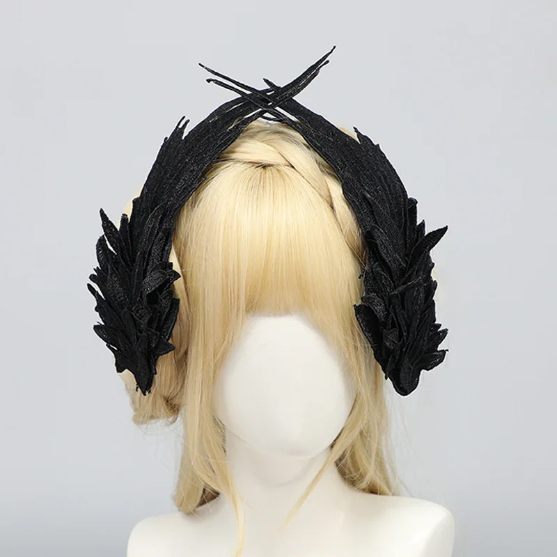 Black Devil Wings Cosplay Accessories Lolita Anime Angel Wing Feather Embroidery Headdress Halloween Party Costumes Hair Props photo 5