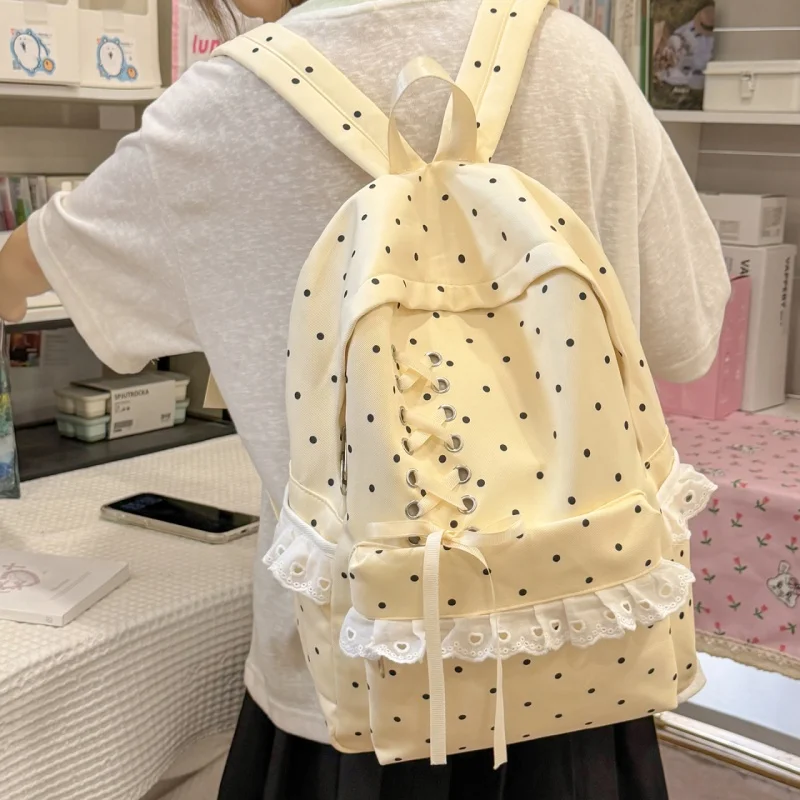 Preppy Polka Dot Backpack for Teen Girls Lace Bowknot Nylon School Bag Aesthetic College Student Bookbag Fits iPad Laptop photo 4