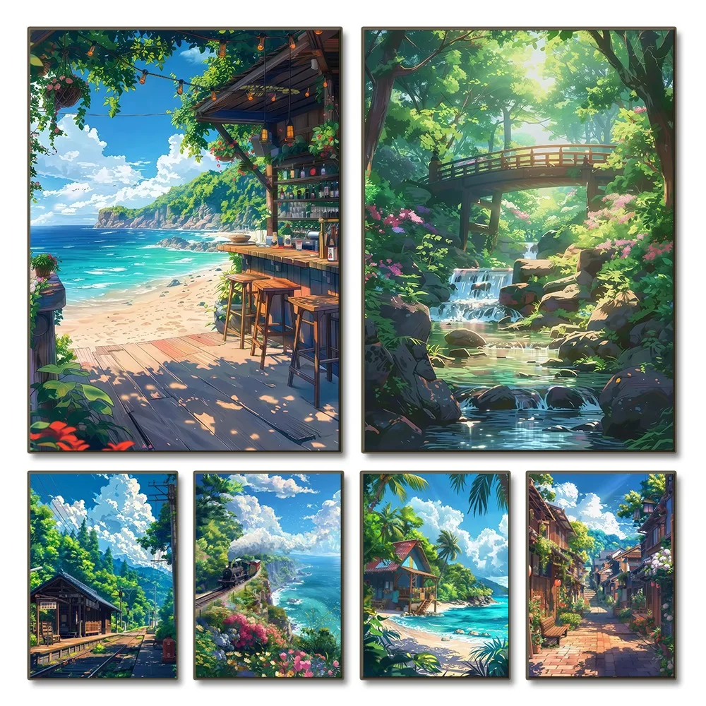 Sea Summer Landscape Bar Anime Wall Art Poster Blue Cabin Beach Forest Canvas Painting Print Picture Living Room Modern Decor photo 1