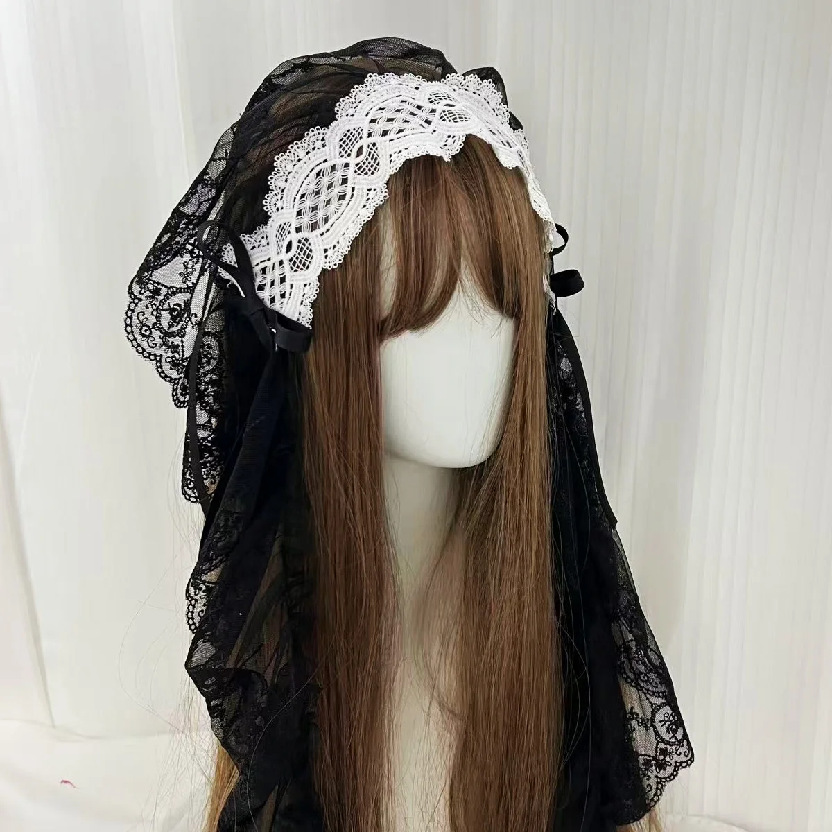 Gothic Harajuku Lolita Black and White Lace Headband Women's Veil Cosplay Headwear Female Sweet Halloween Hair Accessory photo 3