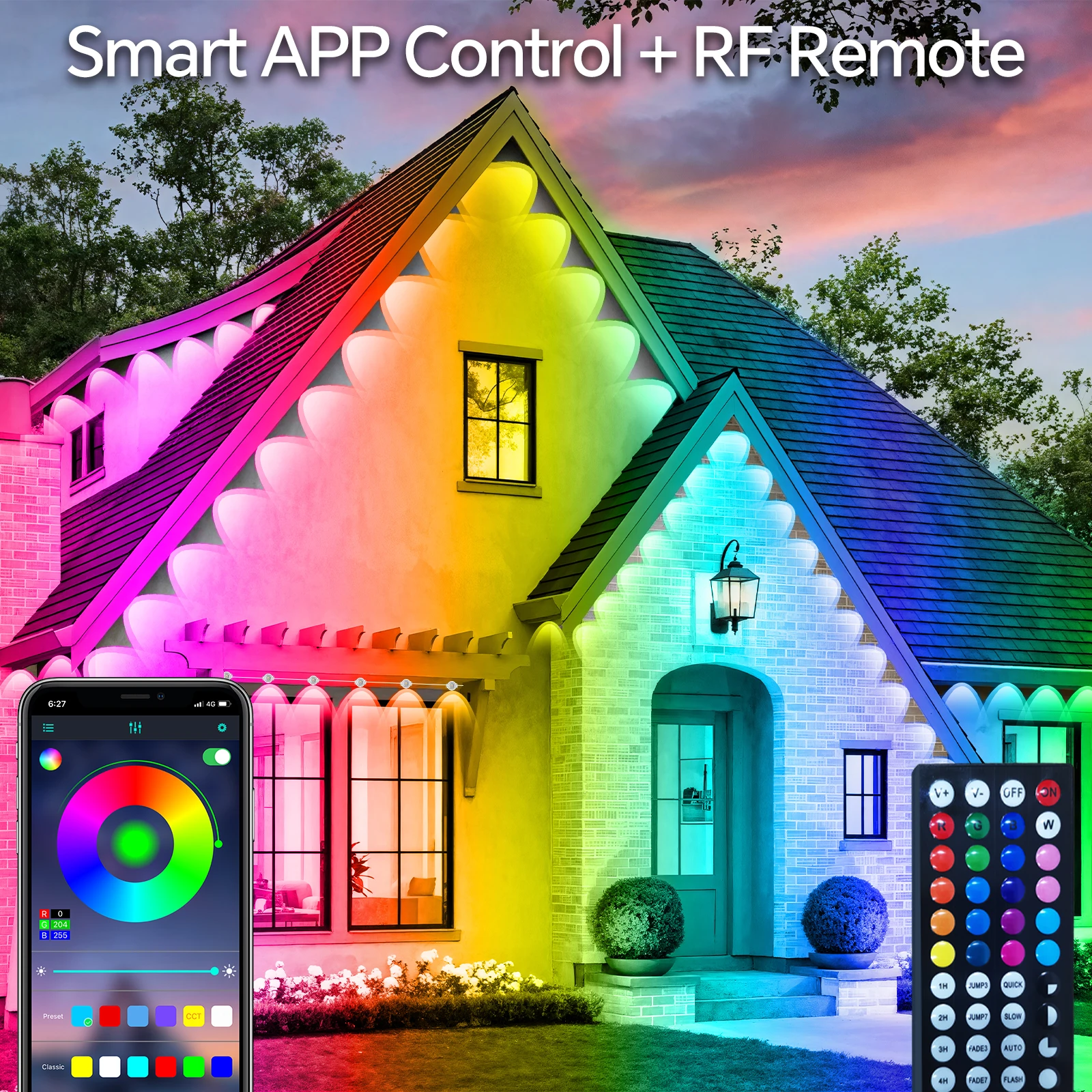 60M & 200FT Permanent Outdoor LED Eaves Lights RGB Waterproof Smart String Lights App Remote Control Color Changing Lamp for House Roof Garden Christmas Holiday Party Daily Accent Lighting photo 2